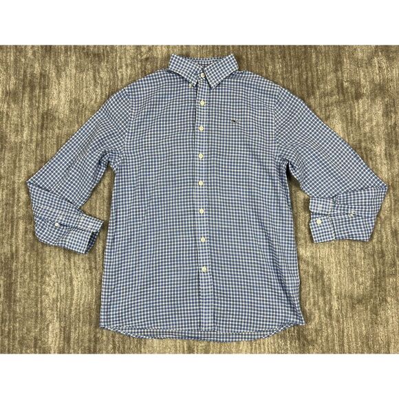 Vineyard Vines Shirt Mens Large 16 Blue Check Button Up‎ 100% Cotton Button Down - Picture 1 of 12